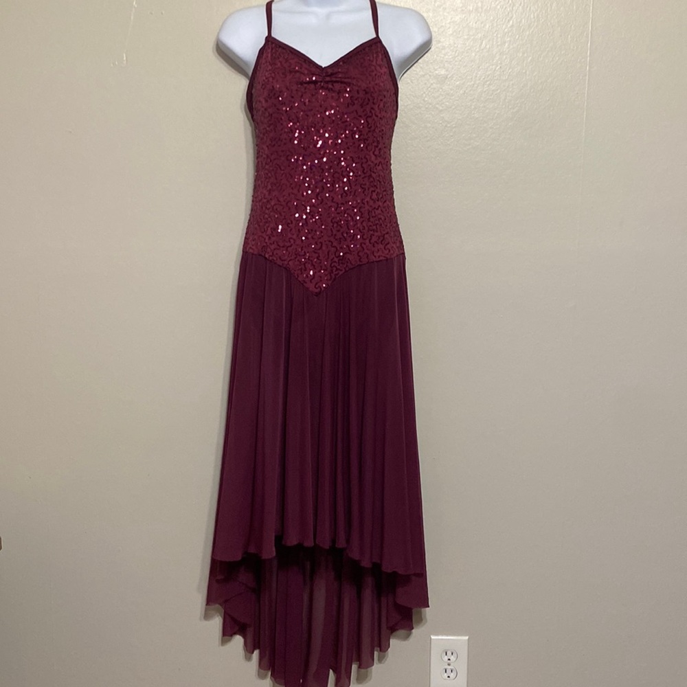 Women's Balera Adult Sequins Dance Asymmetric Mesh Leotard maroon size Large